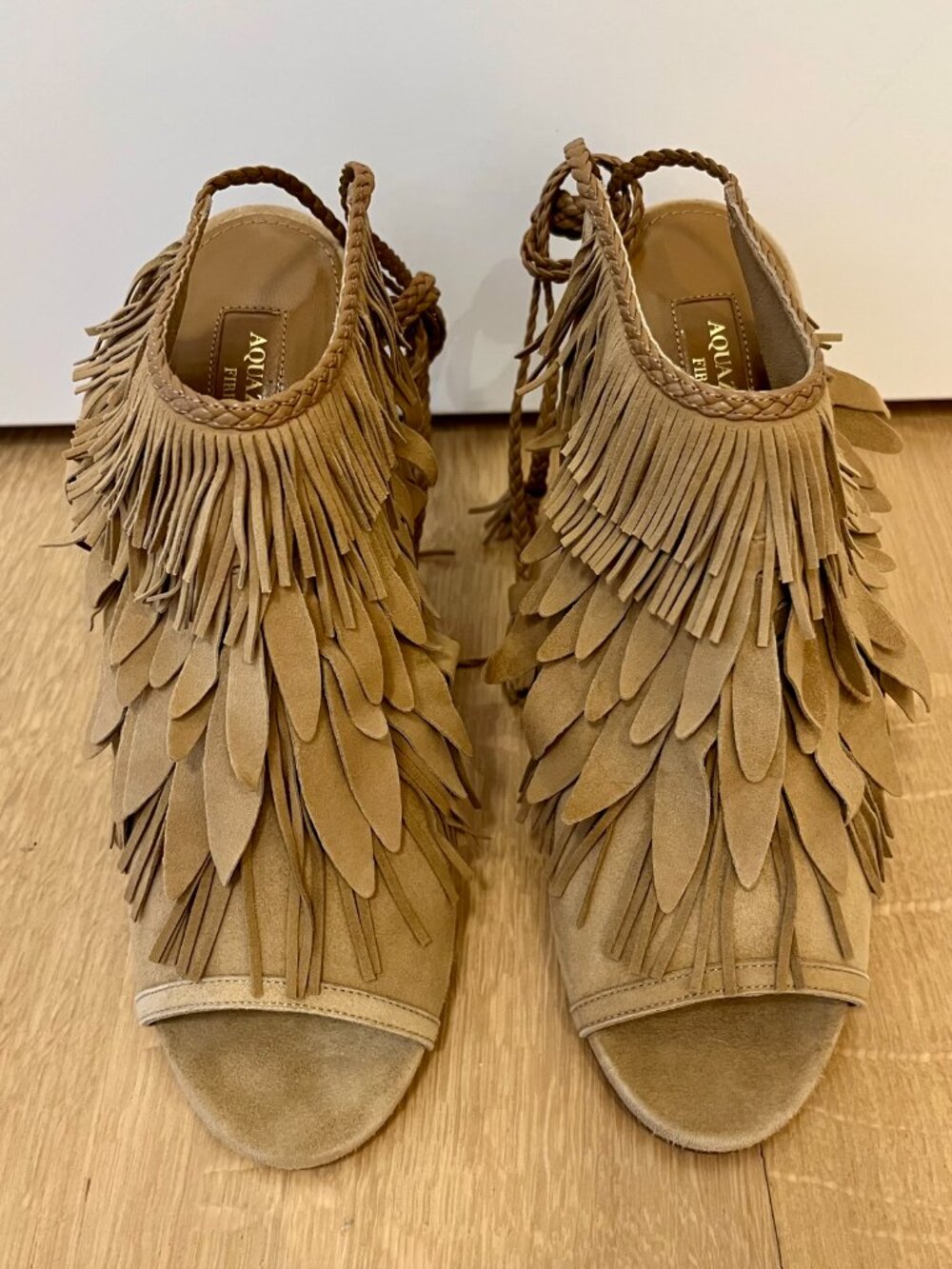 New w/ Box Aquazzura "So Pocahontas" Cappuccino Suede Sandals 105mm Size 39